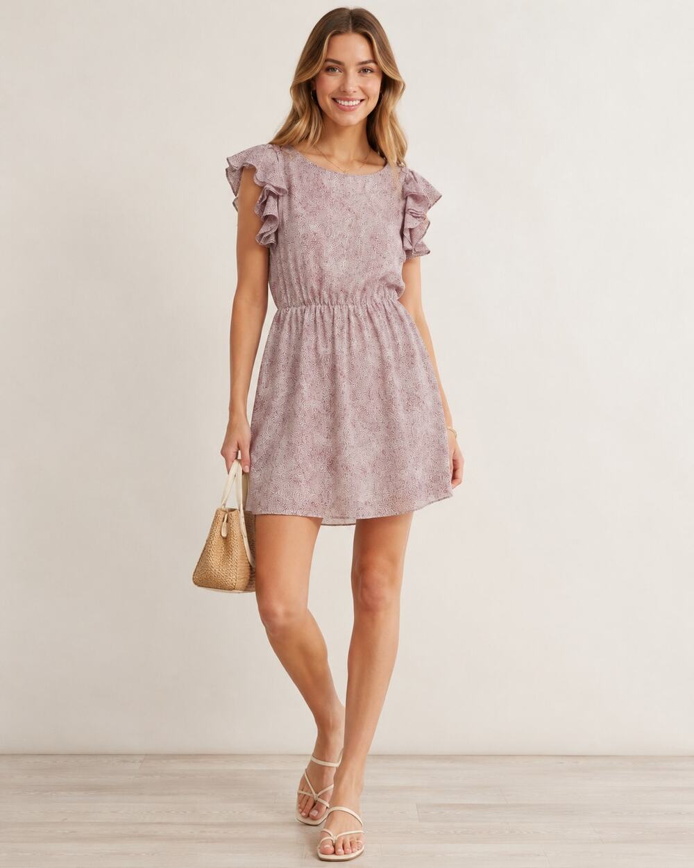 Loft Lavender Dot Print Ruffled Sleeve Mini Dress Womens 8 Flutter Purple Casual